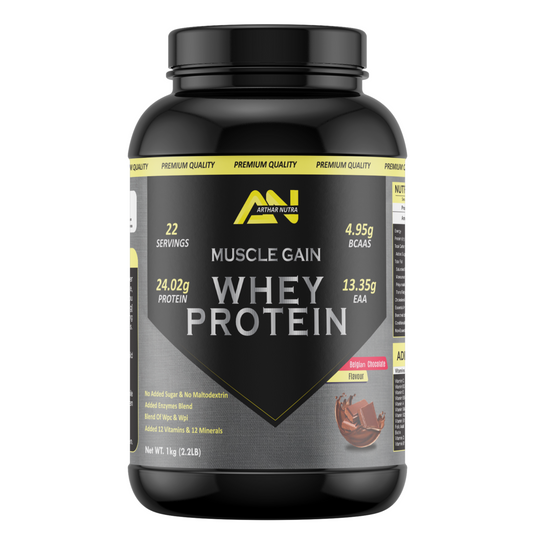 Arthar Nutra Muscle Gain Whey Protein 1kg | Isolate & Concentrate | 24g Protein & 4.9g BCAA | With Digestive Enzymes for better Absorption | Belgian Chocolate