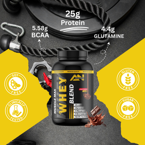 Arthar Nutra Muscles Max Whey Blend Protein Powder (25g Protein,5.58 BCAA,4.4 Glutamine,Serving-30 Scoops) For Men & Women-(1kg, Belgian Chocolate)