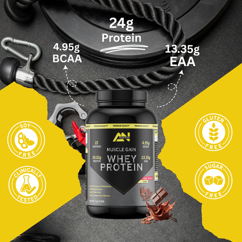 Arthar Nutra Muscle Gain Whey Protein 1kg | Isolate & Concentrate | 24g Protein & 4.9g BCAA | With Digestive Enzymes for better Absorption | Belgian Chocolate