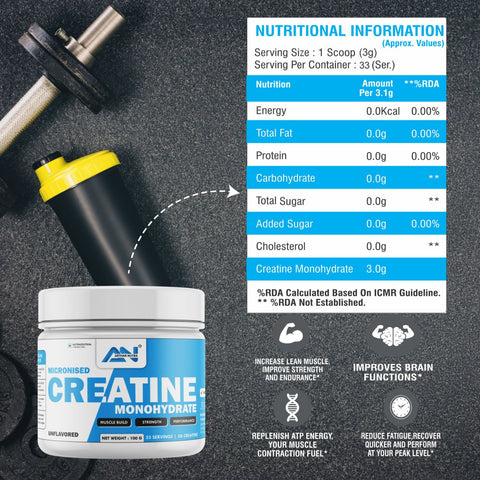 Arthar Nutra Micronised Creatine Monohydrate, 100g, 33 Servings ( Unflavored )