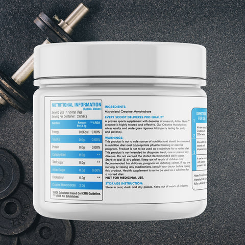 Arthar Nutra Micronised Creatine Monohydrate, 100g, 33 Servings ( Unflavored )